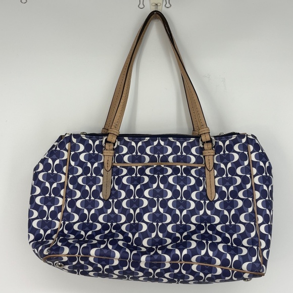 Coach Shoulder Bag Blue White C Logo Beige Leather Handles Trim 3-Compartment - Picture 16 of 16